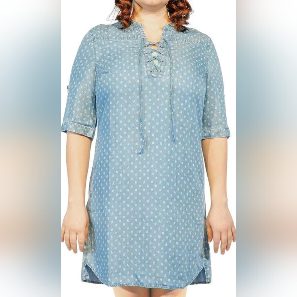 NWT Philosophy Womens Blue 100%-Tencel Lace Up Dress, Raindrop Print Size Large